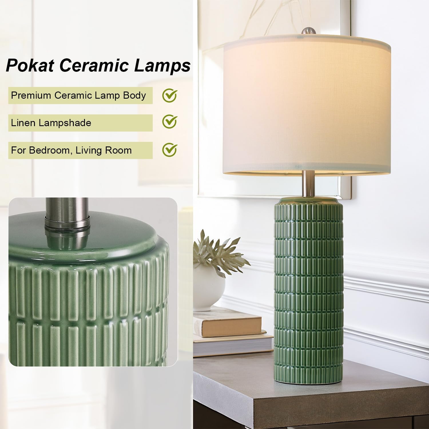 PoKat 27.5 Dark Green Ceramic Table Lamps for Living Room, Farmhouse Table Lamps Set of 2 for Bedroom Night Stands, Modern Bedside Lamps for End Side Table, Vintage Nightstand Decor Lamps Home Office